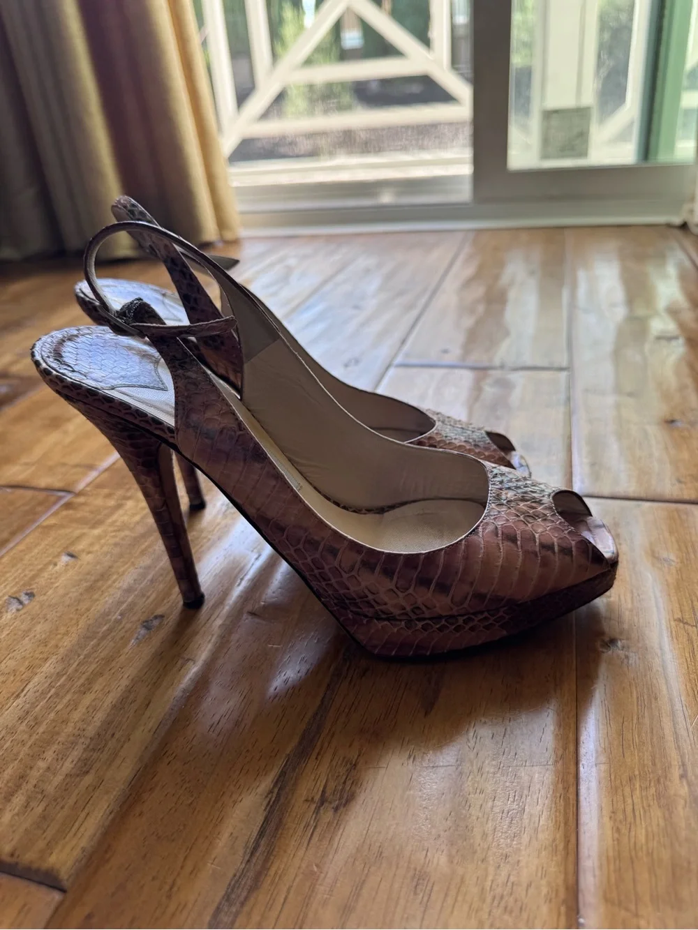 Jimmy Choo Brown Snakeskin Peep-Toe Slingback Heels - Picture 3 of 4
